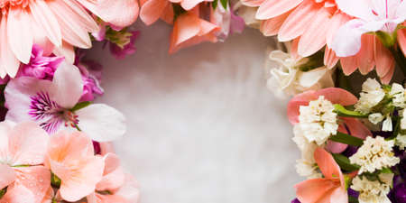 Beautiful pink and white flowers in water. Frame backgroundの写真素材