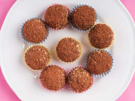 Home made vegan energy protein balls with oats, nuts, almond butter, dates, dried fruit, flax seeds,...