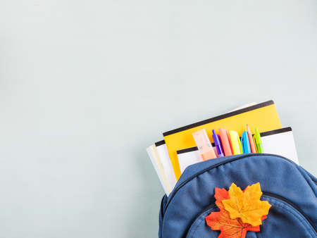 Back to school concept with blue backpack with stationery, copybooks, autumn leavesの写真素材