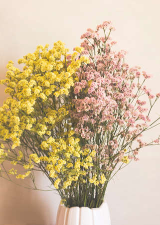 Dried pink and yellow flowers in white vase against white wall. Home interior autumn decorの写真素材
