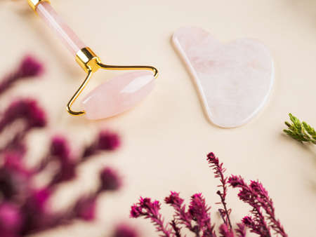 Pink quartz guasha face roller on floral background. Chinese beauty massage tool.の写真素材