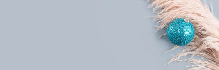 Christmas festive gray background with pampas grass and blue disco bauble. New year web bannerの写真素材