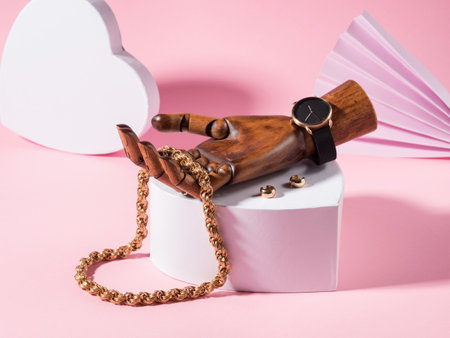 Fashion scene with golden accessories in wooden hand on white heart shape podium over pink backgroundの写真素材