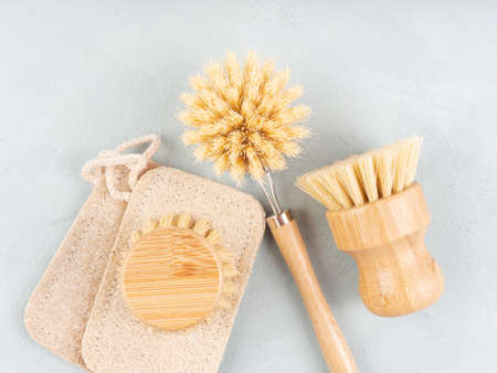 Zero waste plastic free reusable dish house washing wooden brushes as natural cleaning toolsの写真素材