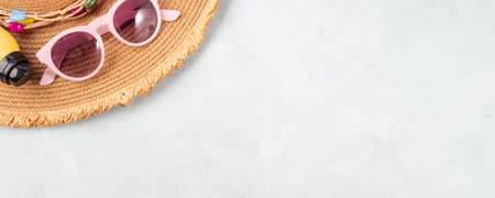 Summer with straw hat, sunglassess, vacation accessories banner