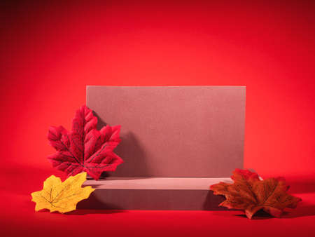 Autumn trendy background. Red and brown geometric shape scene with fall leaves