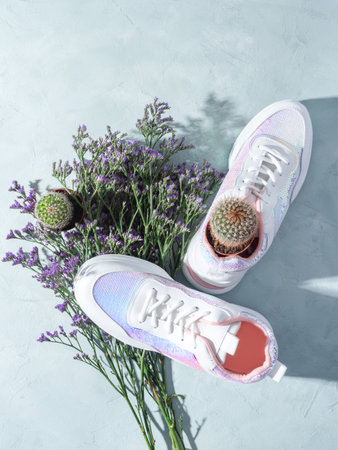 White sneakers with sequins and purple flowers on turquoise backgroundの写真素材