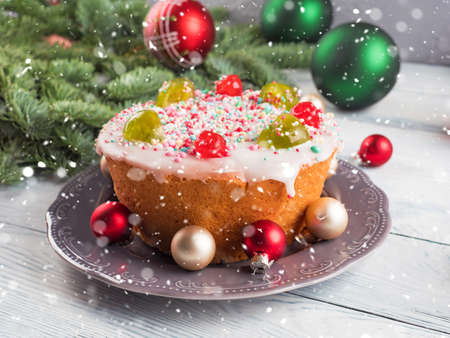 Artisanal Italian christmas cake with sweet decor and xmas ornamentの写真素材