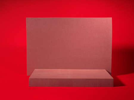Dark geometric podium mockup template on dark bold red background