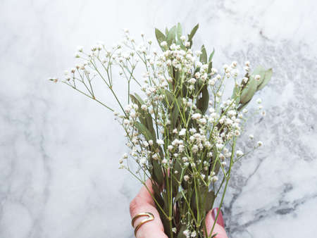 Bunch of dried flowers and eucaliptus branches on marble background