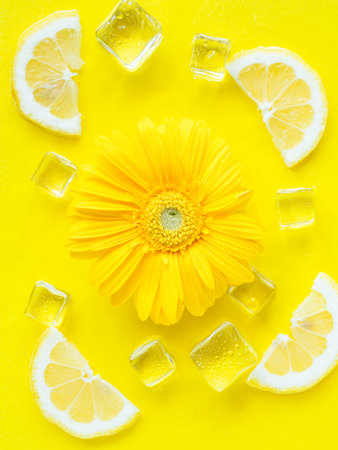 Vibrant yellow lemon citrus slice background with ice cubes, flowersの写真素材
