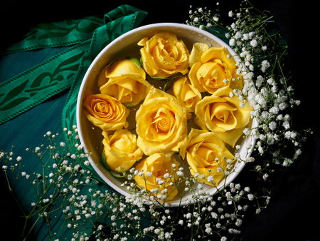 Yellow roses in white bowl on dark greenの写真素材