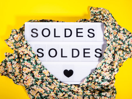 Fashion sale concept with lightbox text in Spanish on yellowの写真素材