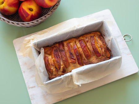 Vegan peach pie in baking mould on green tableの写真素材