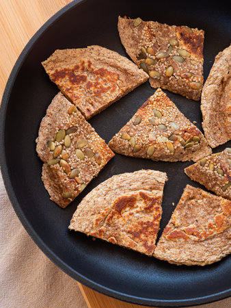 Closeup of homemade protein keto bread in skillet outdoorsの写真素材