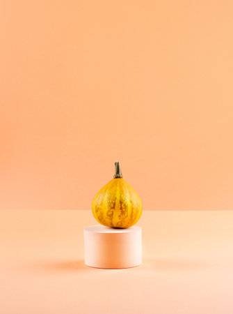 Pumpkin autumn halloween thanksgiving symbol displayed on geometric podiumの写真素材