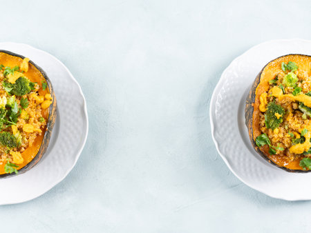 Stuffed kabocha squash with quinoa, broccoli and chickpea pumpkin hummusの写真素材