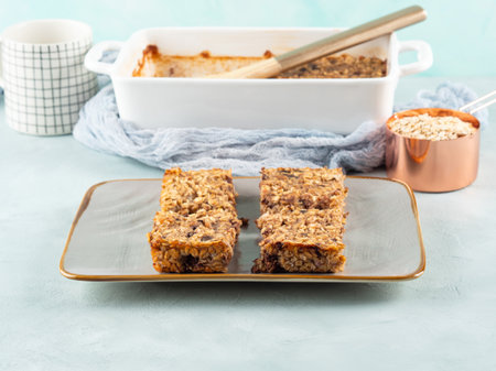 Baked oatmeal peanut butter banana cake bars with chocolate chipsの写真素材