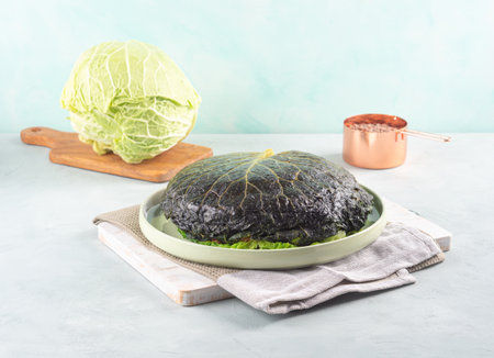 Chou farci, stuffed savoy cabbage pie with lentil quinoa raguの写真素材
