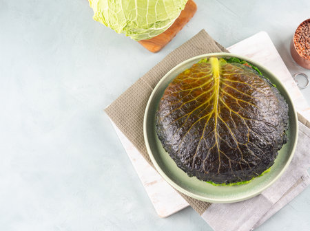 Chou farci, stuffed savoy cabbage pie with lentil quinoa raguの写真素材