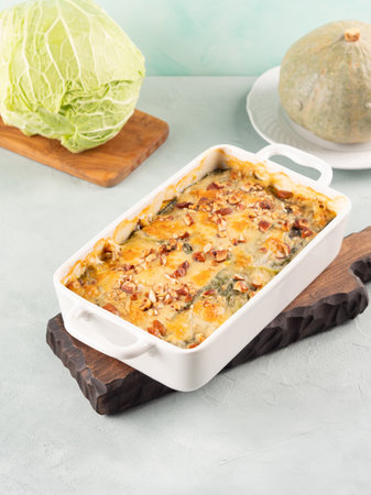 Baked squash and savoy cabbage casserole vegetarian lasagnaの写真素材