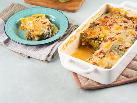 Baked squash and savoy cabbage casserole vegetarian lasagnaの写真素材