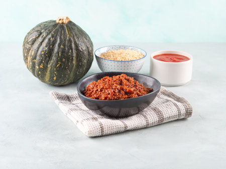 Pumpkin bolognese ragu with soya protein granules on blue backgroundの写真素材