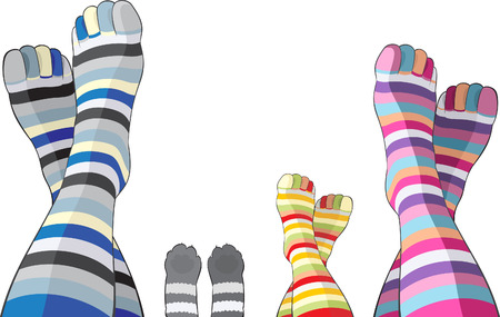 Happy family in color stripy socks - mom, dad, kid and catのイラスト素材