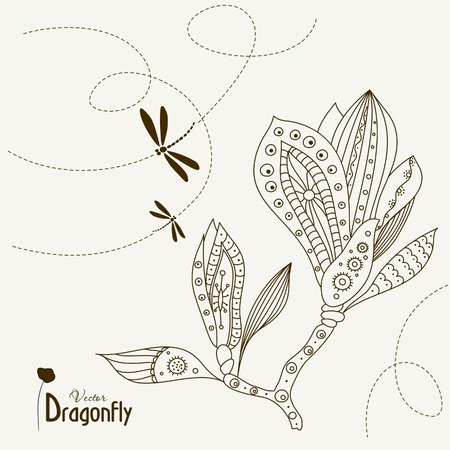 Dragonfly and Abstract Magnolia Flower wiht pattern, vector illustrationのイラスト素材