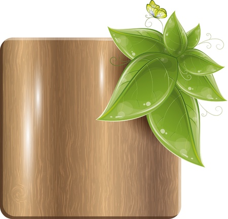 Wood plank with green leaves and butterfly, vector illustrationのイラスト素材