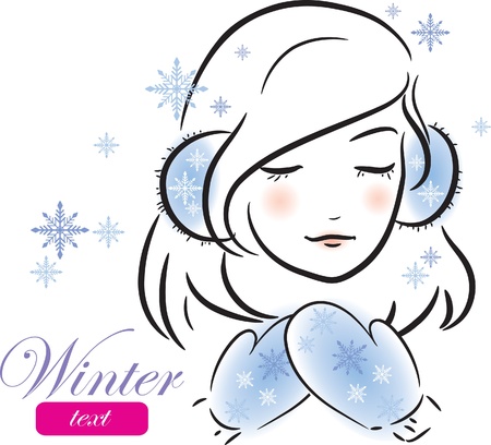 Winter girl with mittens and earmuffs (sketch), vector illustrationのイラスト素材
