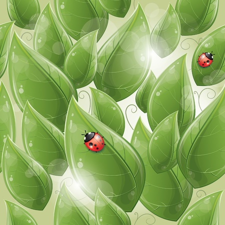Seamless pattern - Green leaves design with ladybug, vector illustration, eps-10のイラスト素材