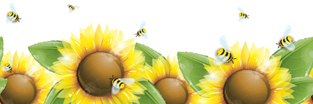 Beautiful sunflowers, green leaves and flying bees, horizontal seamless pattern, vector illustration, eps-10のイラスト素材