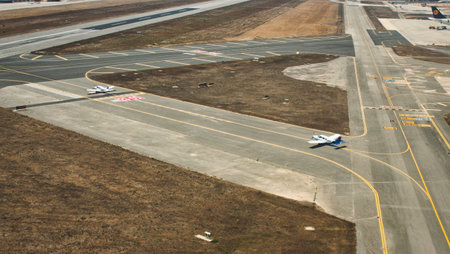 Seville / Spain - August 28 2019: Light aircraft on the runway of Seville airport during the dayのeditorial素材