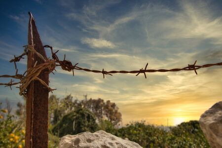 Barbed wire and rusty metal fence post in a field