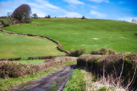 Scenic rolling hills in the English countryside with lush green grass and blue sky with no peopleの写真素材