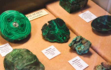Rabat / Malta - November 25 2018: Collection of Malachite stones on display as part of a geological mineral exhibitのeditorial素材