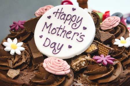 Happy Mother's Day cake with chocolate and marzipan icingの写真素材