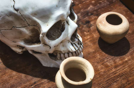 White skull and bowls on a medieval apothecary's tableの写真素材