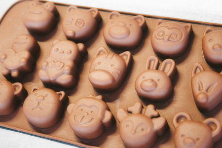 A silicon mold for making chocolate shapes with animal faces against a white backgroundの写真素材