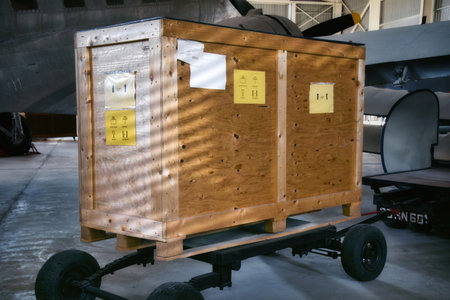 A large bulky wooden packing crate in an aircraft hangar, ready to be delivered by airplane