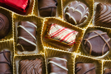 Close-up overhead shot of a box of milk chocolates - flat lay view from directly above looking down
