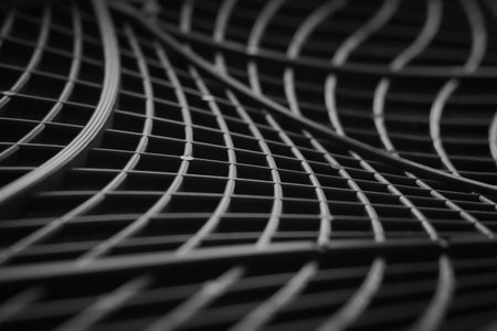 Conceptual abstract cyberspace background with gray molded plastic curved geometric sci-fi 3d lines portraying wired connection or secure business communicationの写真素材