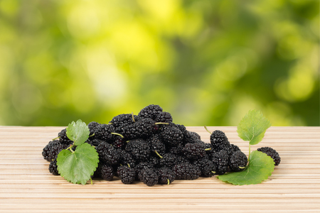 Closeup heap of ripe black mulberries with green leaves on table on green leaves background. Horizontalの写真素材