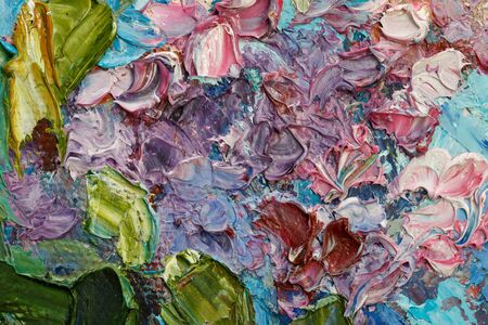 Abstract background . Closeup fragment of the picture. Painting oil on canvas - Bouquet of lilac against the sky.の写真素材