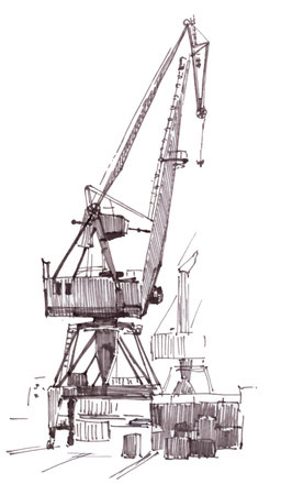 Black felt tip pen drawing on a white paper. "Port crane and cargo at the dock". Sketchの写真素材