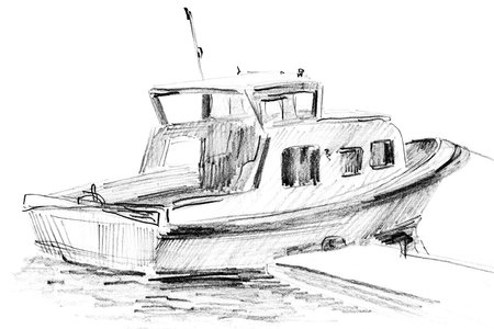Black pencil drawing on a white paper "Speedboat at the gangway". Sketchの写真素材