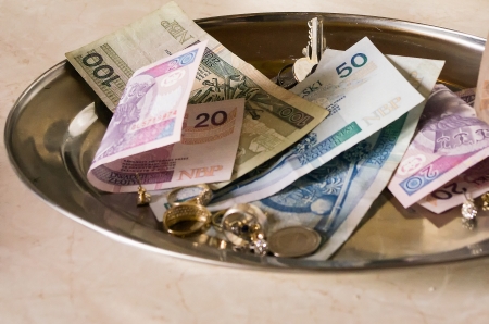 lots of polish money at the trayの写真素材