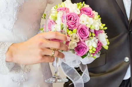 Wedding glass of champagne, prepared for the bride and groomの写真素材