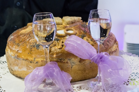 Bread and champagne to welcome the bride and groomの写真素材